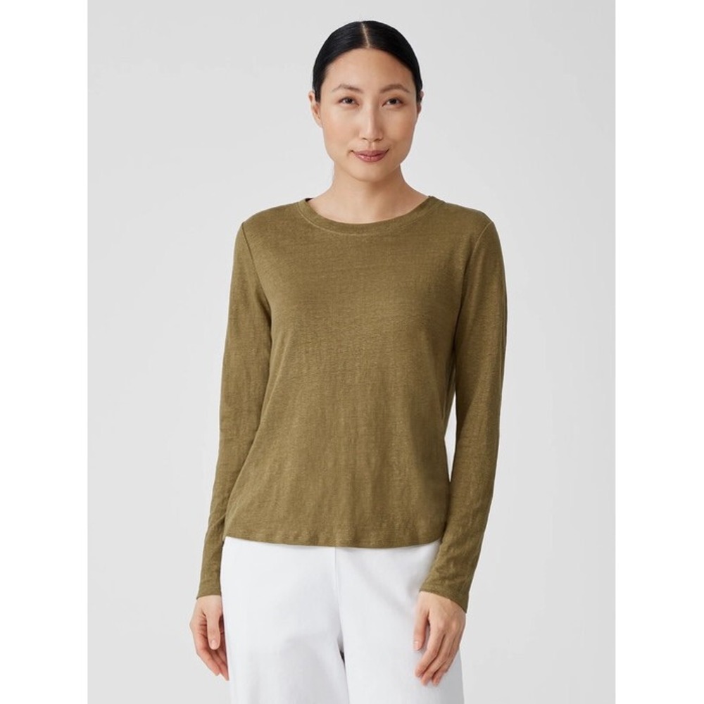 Eileen Fisher Organic Cotton Olive Jersey Tshirt Long Sleeve Petite Large Casual